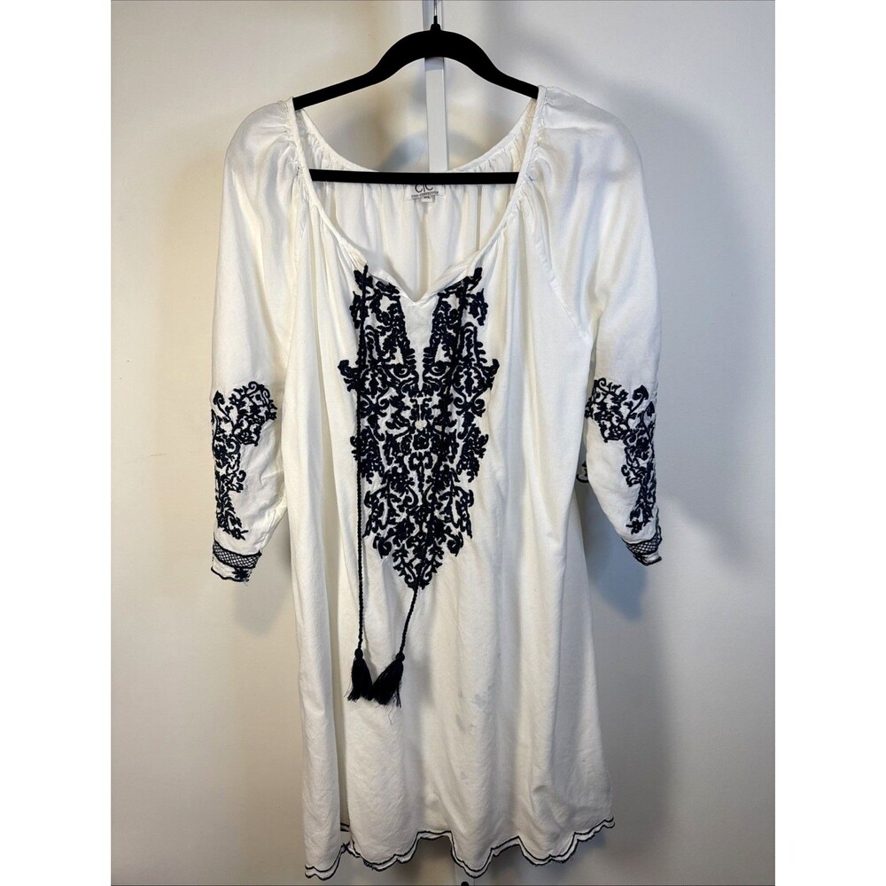 Chic Connection Embroidered Lined Dress Sz XL Boho Hippie Artsy White Tassels